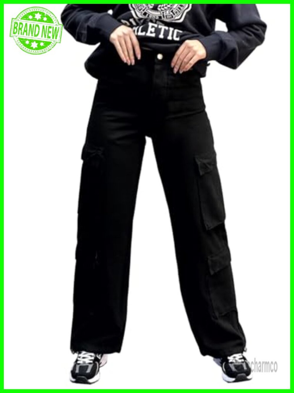 Women's Cargo Pants Elastic Waist Adjustable Ankle Cuffs Wide Leg 8 Pockets